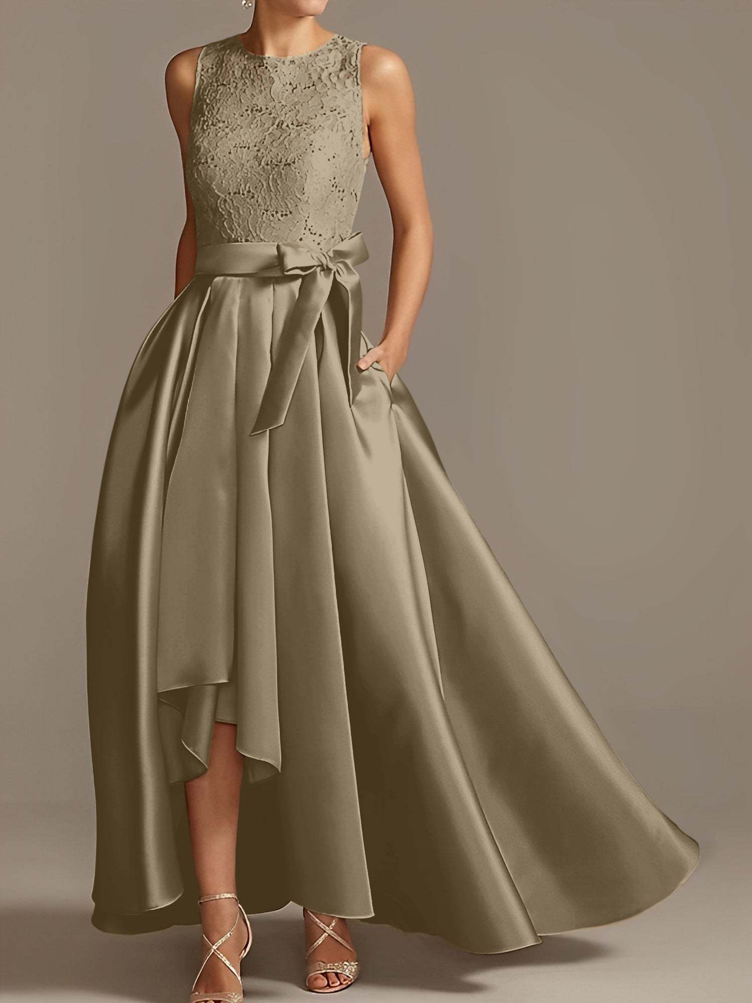 Asymmetrical Princess A-Line Sleeveless Mother Of The Bride Dress With Jewel Neck And Pleats