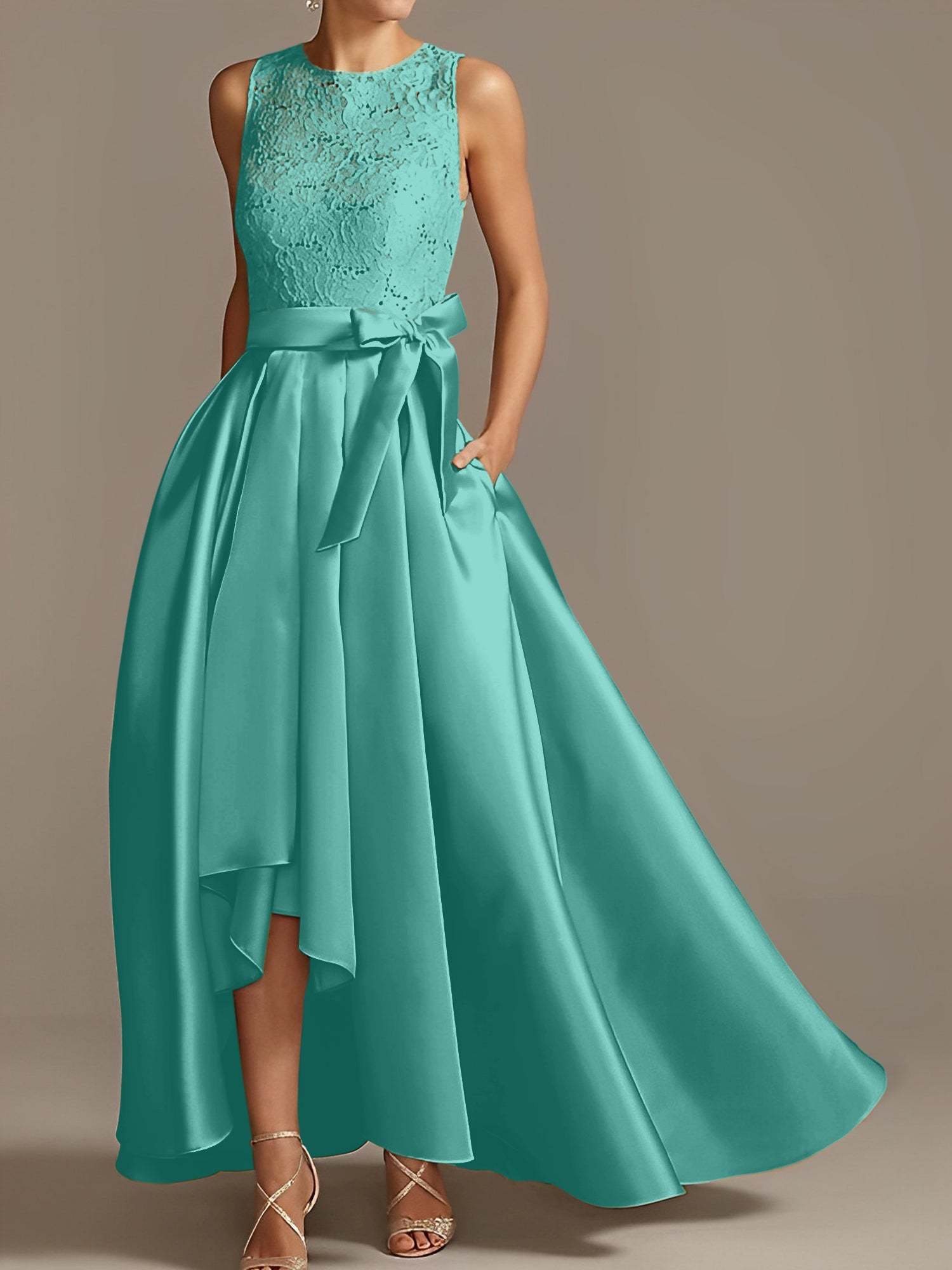 Asymmetrical Princess A-Line Sleeveless Mother Of The Bride Dress With Jewel Neck And Pleats