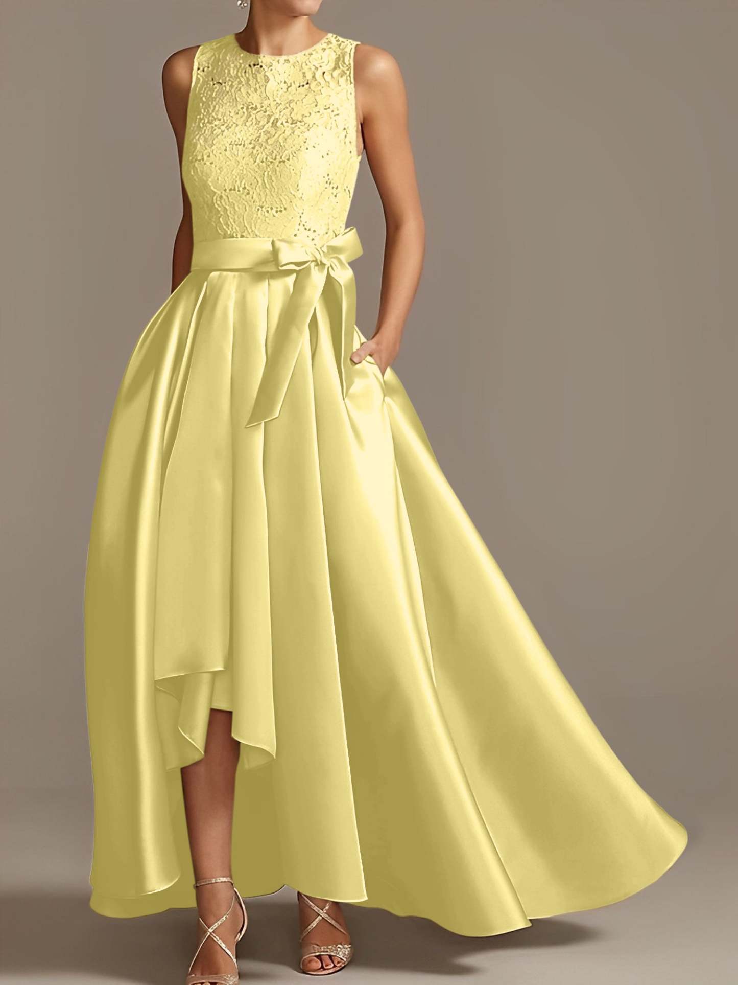 Asymmetrical Princess A-Line Sleeveless Mother Of The Bride Dress With Jewel Neck And Pleats
