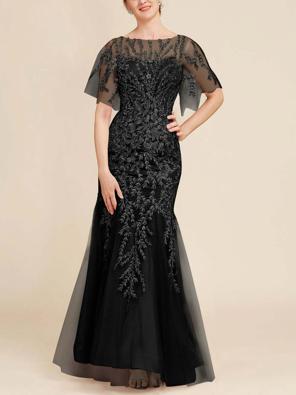 Floor-Length Mother of the Bride Lace Dresses with Trumpet/Mermaid Scoop Half Sleeves