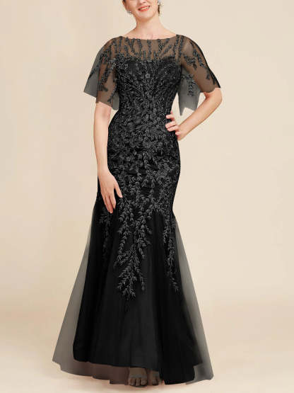 Floor-Length Mother of the Bride Lace Dresses with Trumpet/Mermaid Scoop Half Sleeves
