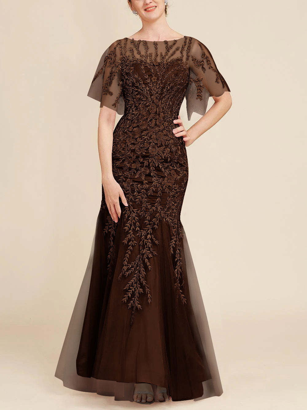 Floor-Length Mother of the Bride Lace Dresses with Trumpet/Mermaid Scoop Half Sleeves