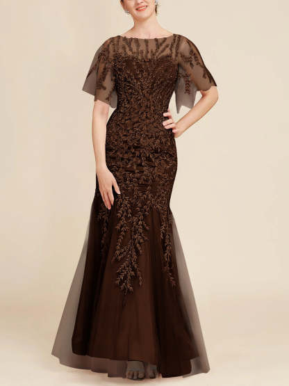 Floor-Length Mother of the Bride Lace Dresses with Trumpet/Mermaid Scoop Half Sleeves