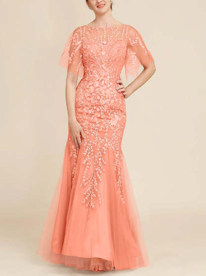 Floor-Length Mother of the Bride Lace Dresses with Trumpet/Mermaid Scoop Half Sleeves
