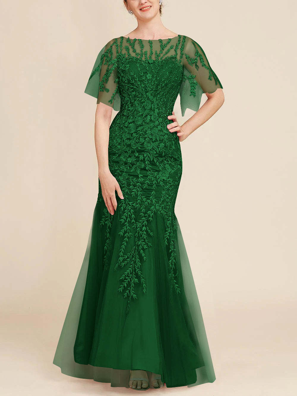 Floor-Length Mother of the Bride Lace Dresses with Trumpet/Mermaid Scoop Half Sleeves