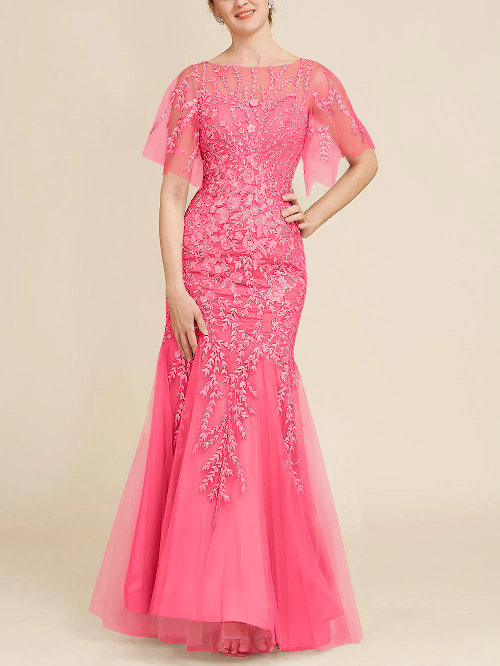 Floor-Length Mother of the Bride Lace Dresses with Trumpet/Mermaid Scoop Half Sleeves
