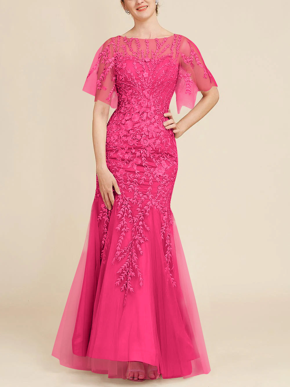 Floor-Length Mother of the Bride Lace Dresses with Trumpet/Mermaid Scoop Half Sleeves