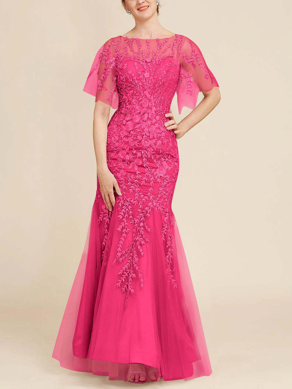 Floor-Length Mother of the Bride Lace Dresses with Trumpet/Mermaid Scoop Half Sleeves