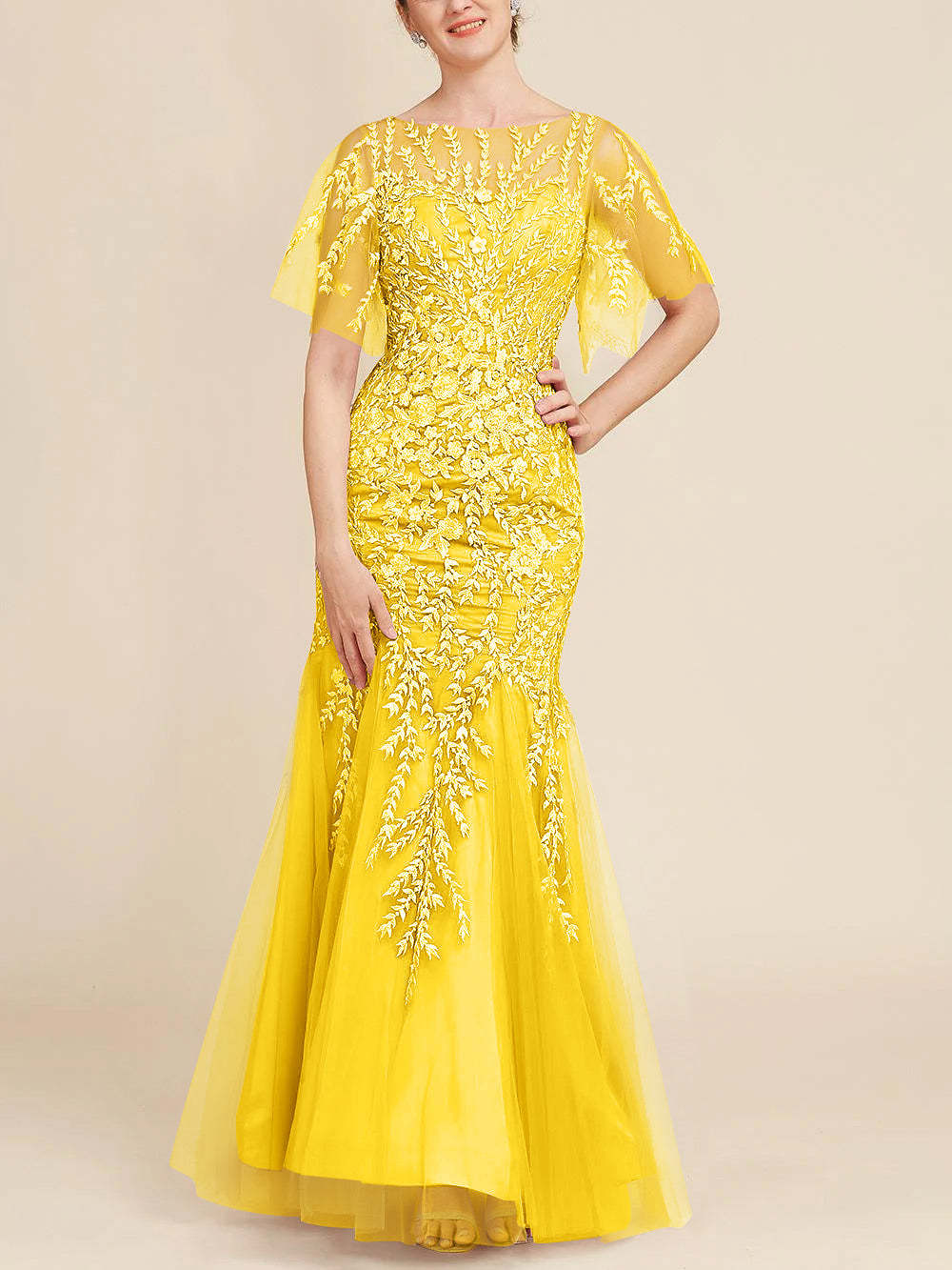 Floor-Length Mother of the Bride Lace Dresses with Trumpet/Mermaid Scoop Half Sleeves