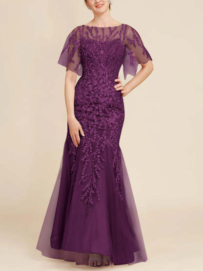 Floor-Length Mother of the Bride Lace Dresses with Trumpet/Mermaid Scoop Half Sleeves