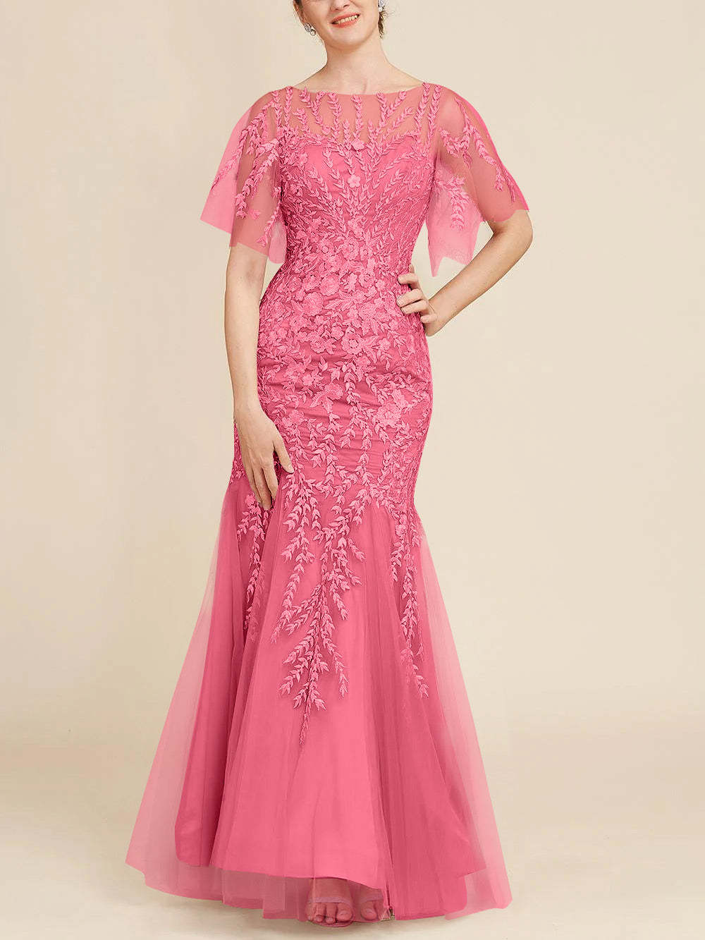 Floor-Length Mother of the Bride Lace Dresses with Trumpet/Mermaid Scoop Half Sleeves