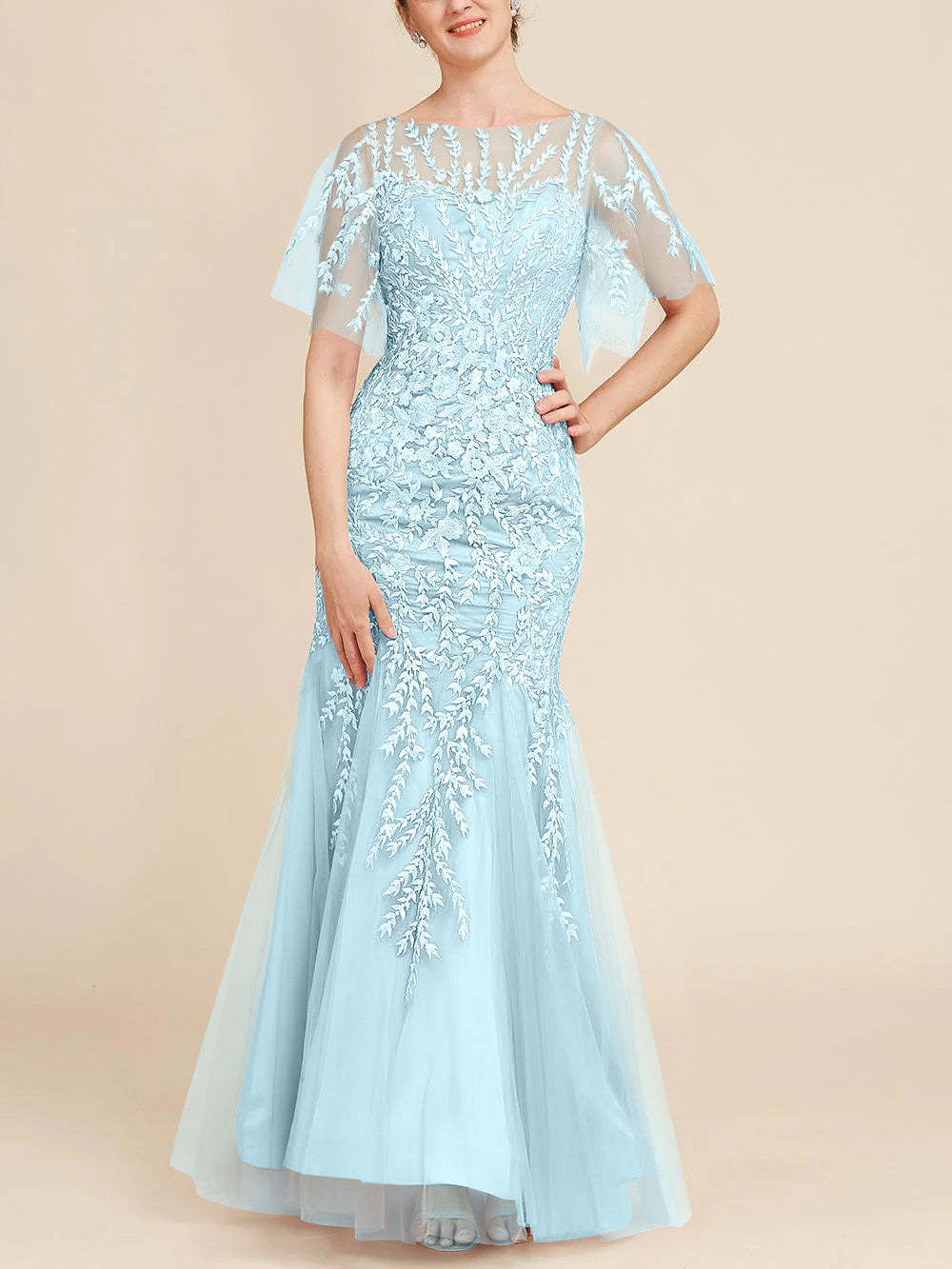Floor-Length Mother of the Bride Lace Dresses with Trumpet/Mermaid Scoop Half Sleeves
