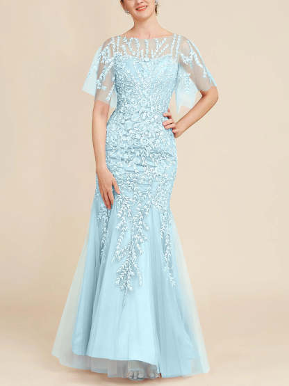Floor-Length Mother of the Bride Lace Dresses with Trumpet/Mermaid Scoop Half Sleeves
