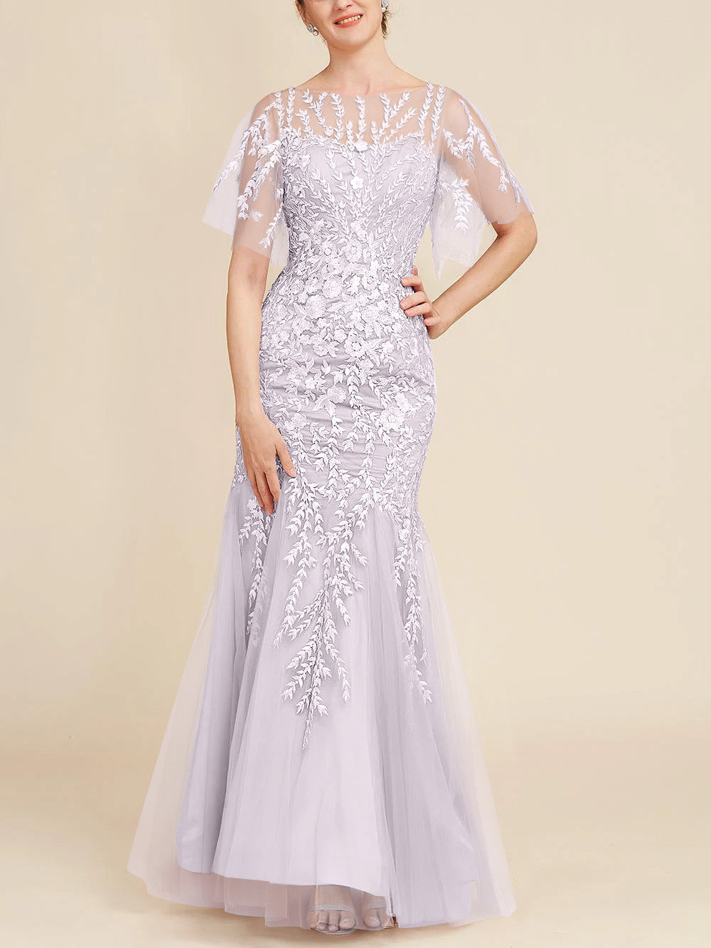Floor-Length Mother of the Bride Lace Dresses with Trumpet/Mermaid Scoop Half Sleeves