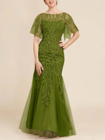 Floor-Length Mother of the Bride Lace Dresses with Trumpet/Mermaid Scoop Half Sleeves