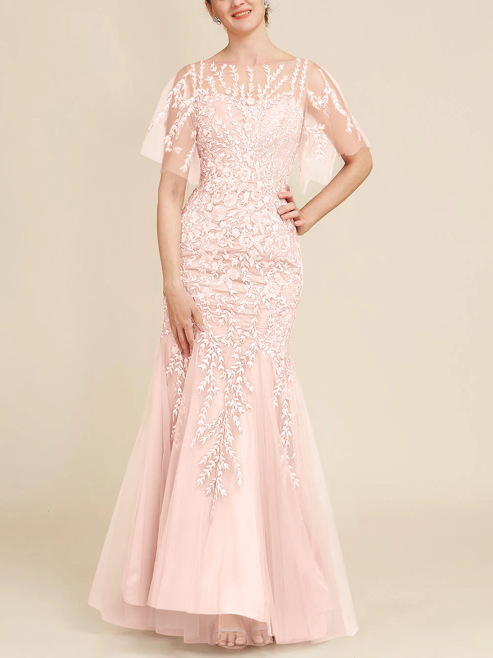 Floor-Length Mother of the Bride Lace Dresses with Trumpet/Mermaid Scoop Half Sleeves