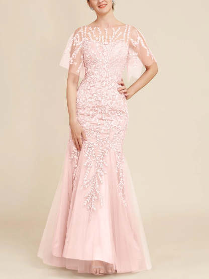 Floor-Length Mother of the Bride Lace Dresses with Trumpet/Mermaid Scoop Half Sleeves