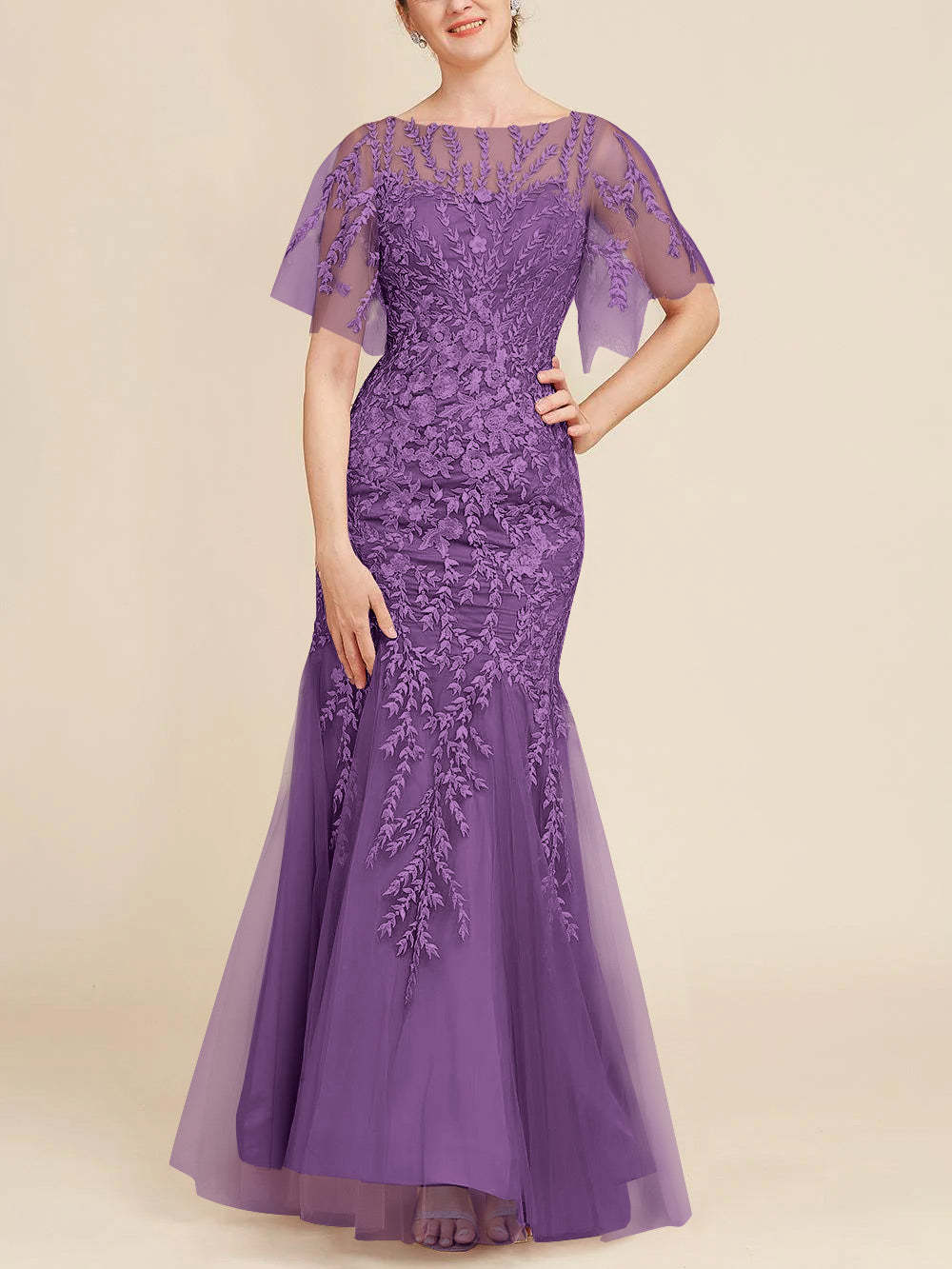 Floor-Length Mother of the Bride Lace Dresses with Trumpet/Mermaid Scoop Half Sleeves