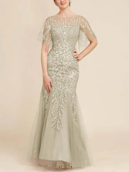 Floor-Length Mother of the Bride Lace Dresses with Trumpet/Mermaid Scoop Half Sleeves