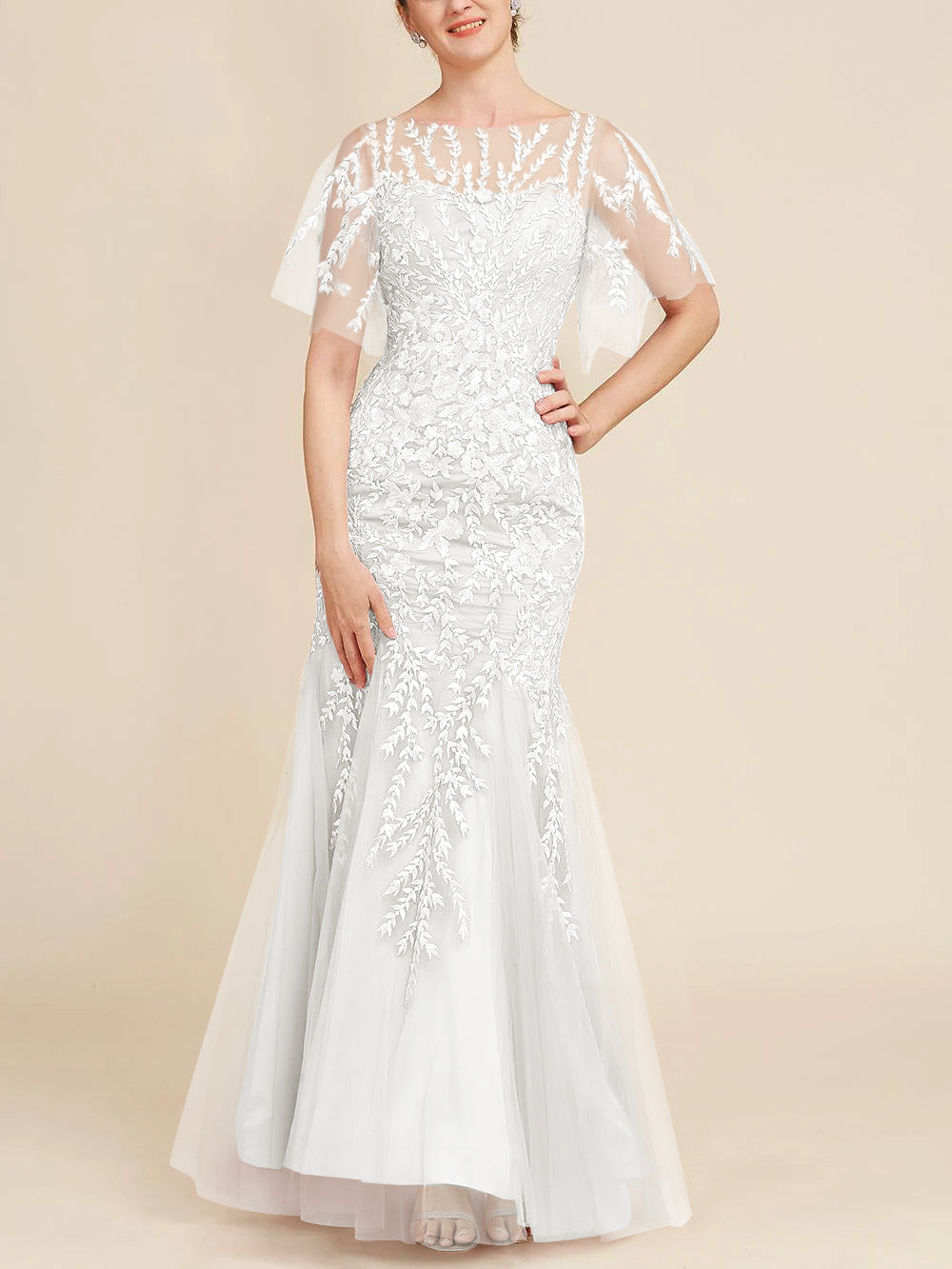 Floor-Length Mother of the Bride Lace Dresses with Trumpet/Mermaid Scoop Half Sleeves