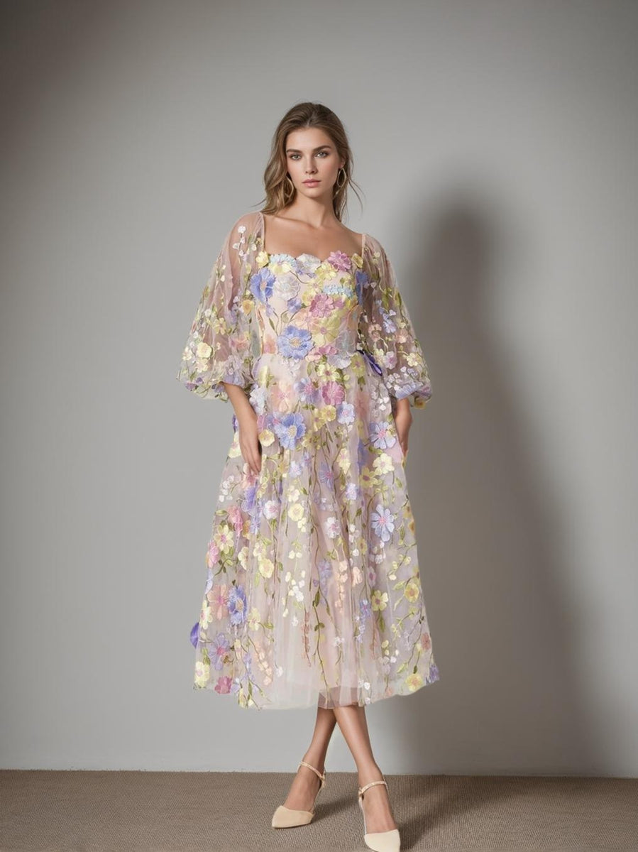 Princess A-Line Tea-Length Mother of the Bride Dress with Square Neck and Long Sleeves Featuring Appliques-BMbridal.UK