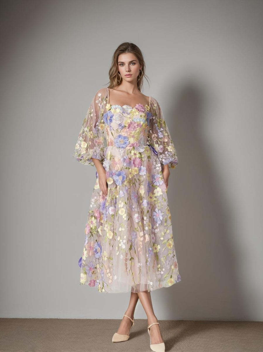 Princess A-Line Tea-Length Mother of the Bride Dress with Square Neck and Long Sleeves Featuring Appliques-BMbridal.UK