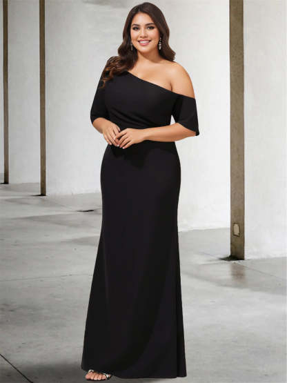 One-Shoulder A-Line Princess Gown with 3/4 Sleeves for the Mother of the Bride