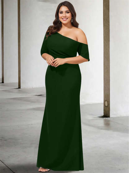 Princess A-Line Floor-Length Mother of the Bride Dress with One Shoulder and 3/4 Sleeves in Pure Color-BMbridal.UK