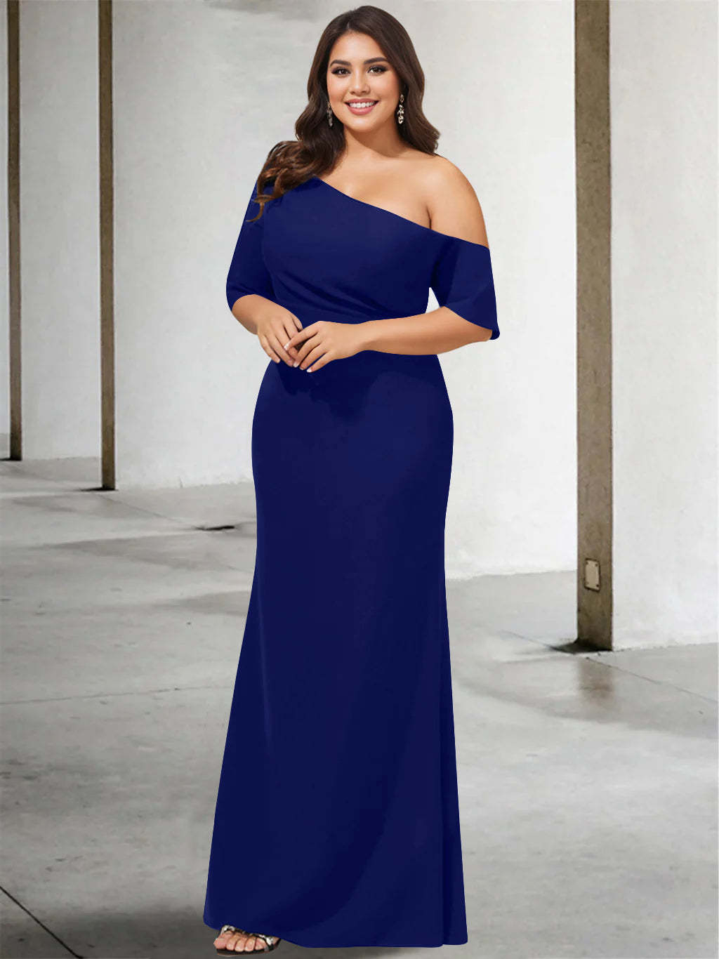 Princess A-Line Floor-Length Mother of the Bride Dress with One Shoulder and 3/4 Sleeves in Pure Color-BMbridal.UK