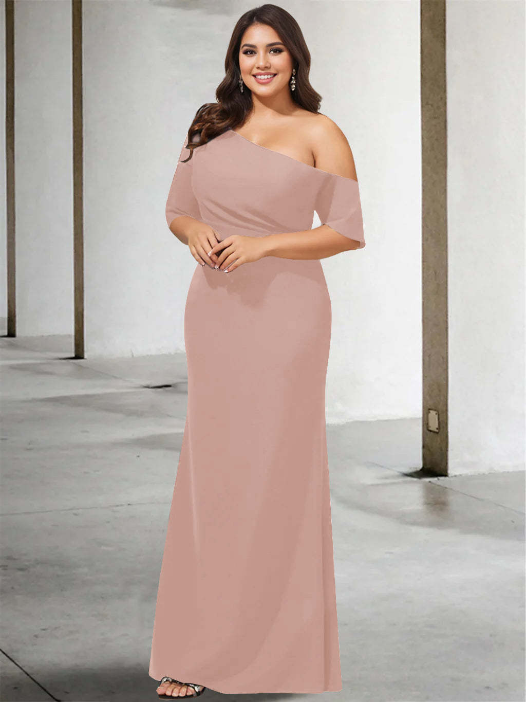 Princess A-Line Floor-Length Mother of the Bride Dress with One Shoulder and 3/4 Sleeves in Pure Color-BMbridal.UK