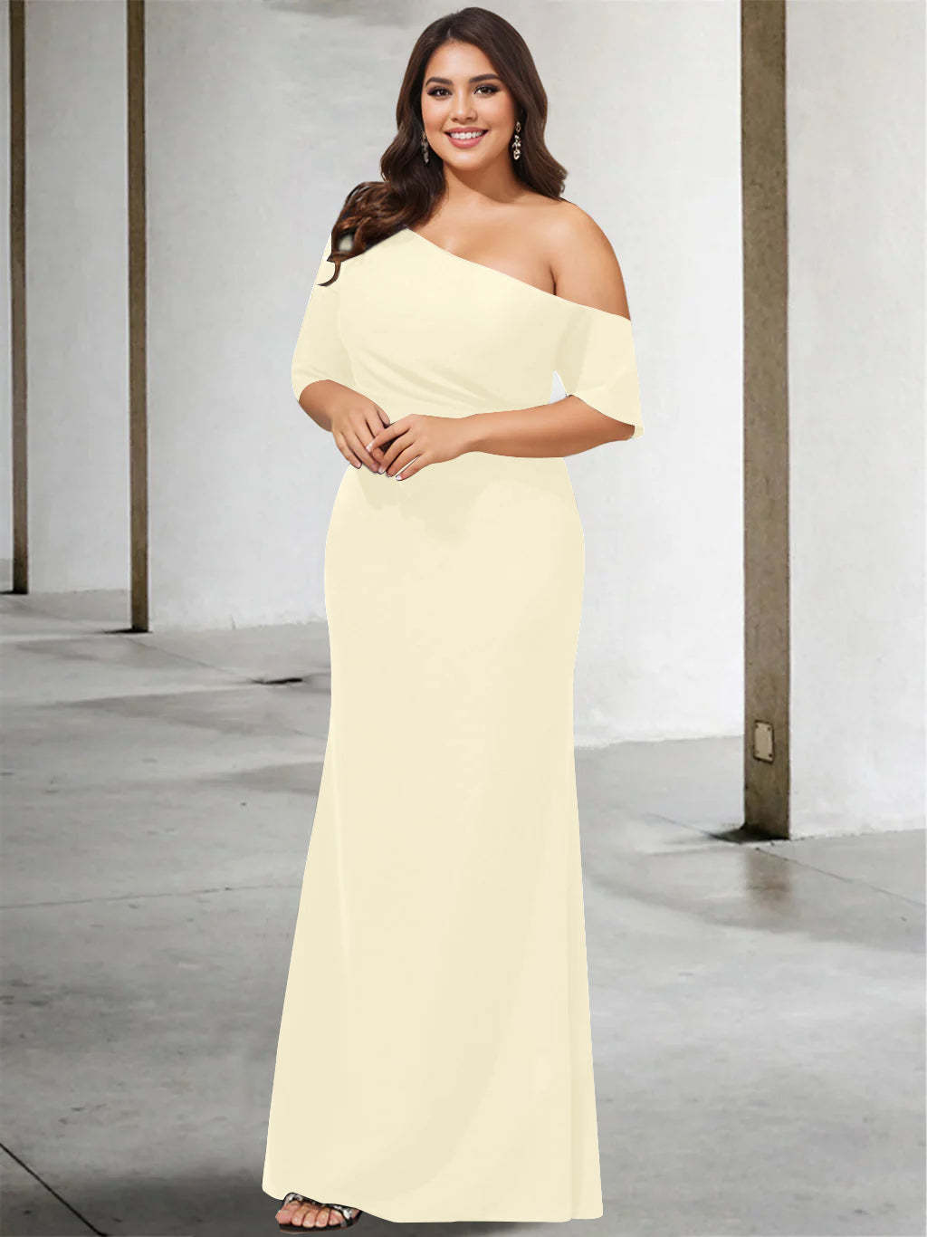 Princess A-Line Floor-Length Mother of the Bride Dress with One Shoulder and 3/4 Sleeves in Pure Color-BMbridal.UK