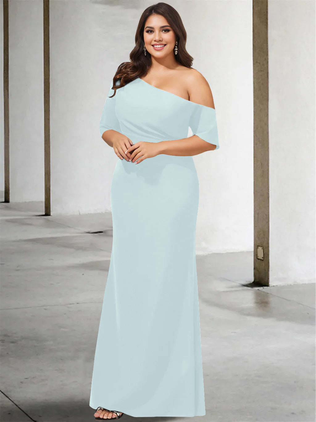 Princess A-Line Floor-Length Mother of the Bride Dress with One Shoulder and 3/4 Sleeves in Pure Color-BMbridal.UK