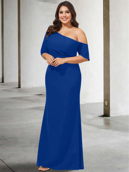 Princess A-Line Floor-Length Mother of the Bride Dress with One Shoulder and 3/4 Sleeves in Pure Color-BMbridal.UK