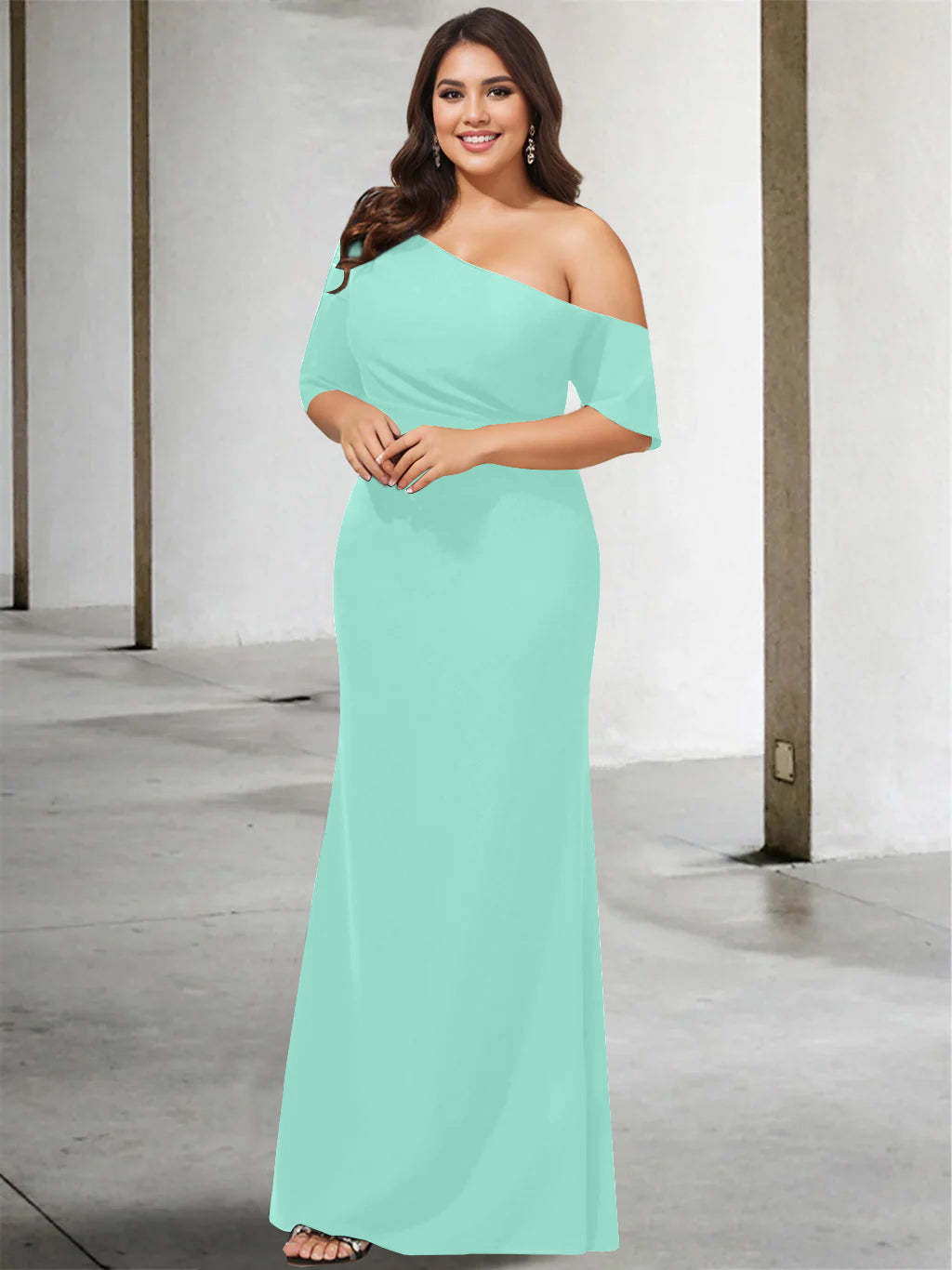 Princess A-Line Floor-Length Mother of the Bride Dress with One Shoulder and 3/4 Sleeves in Pure Color-BMbridal.UK