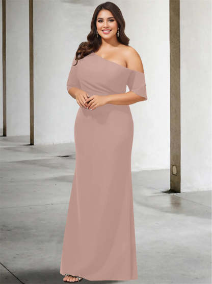 Princess A-Line Floor-Length Mother of the Bride Dress with One Shoulder and 3/4 Sleeves in Pure Color-BMbridal.UK