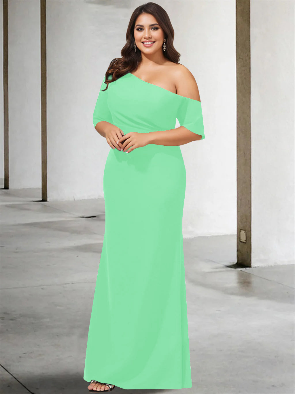 Princess A-Line Floor-Length Mother of the Bride Dress with One Shoulder and 3/4 Sleeves in Pure Color-BMbridal.UK