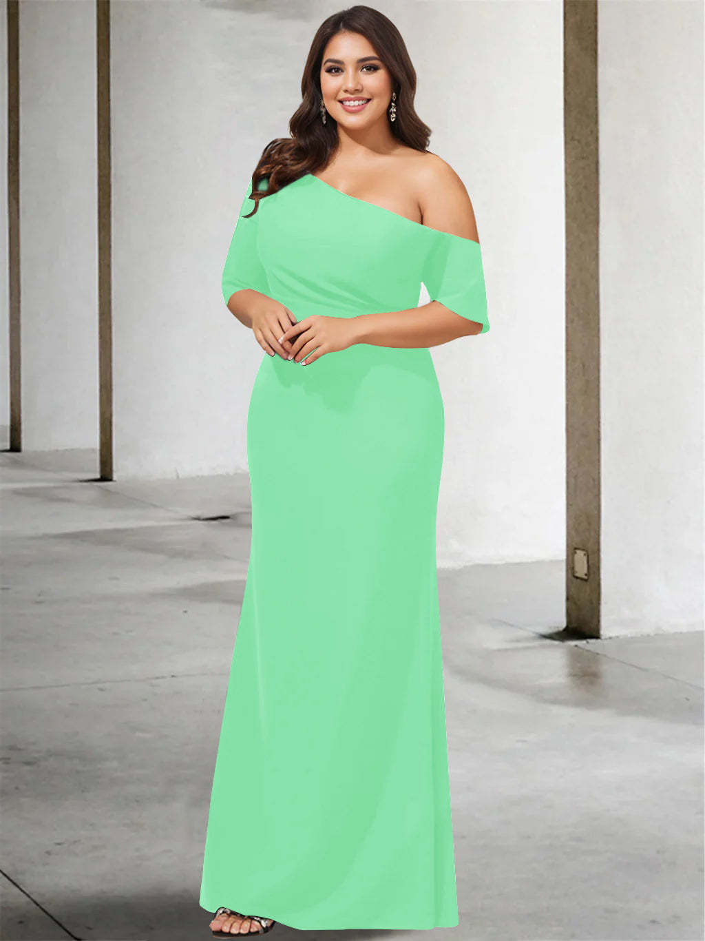 Princess A-Line Floor-Length Mother of the Bride Dress with One Shoulder and 3/4 Sleeves in Pure Color-BMbridal.UK