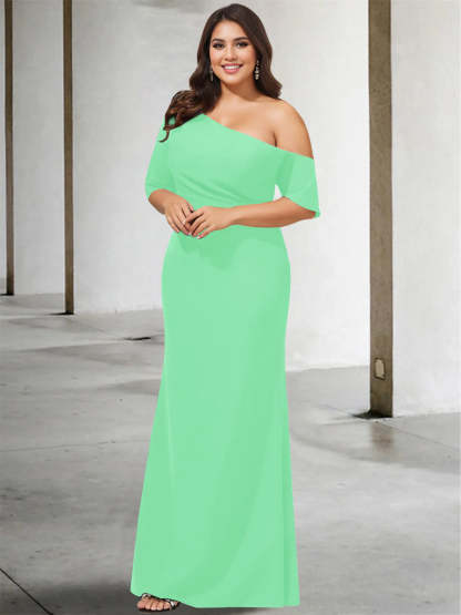 Princess A-Line Floor-Length Mother of the Bride Dress with One Shoulder and 3/4 Sleeves in Pure Color-BMbridal.UK