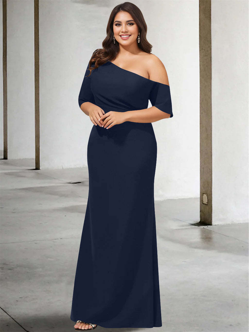 Princess A-Line Floor-Length Mother of the Bride Dress with One Shoulder and 3/4 Sleeves in Pure Color-BMbridal.UK