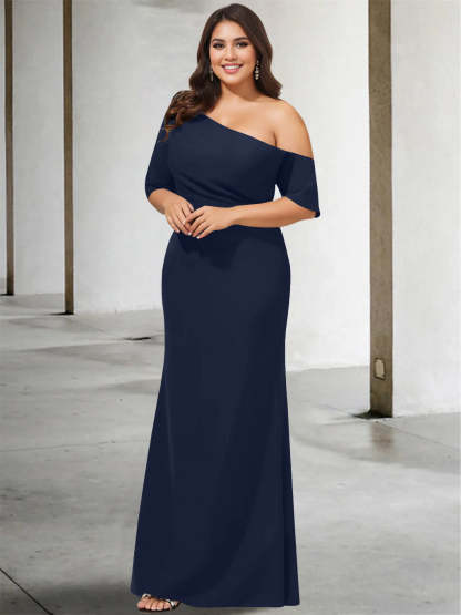 Princess A-Line Floor-Length Mother of the Bride Dress with One Shoulder and 3/4 Sleeves in Pure Color-BMbridal.UK