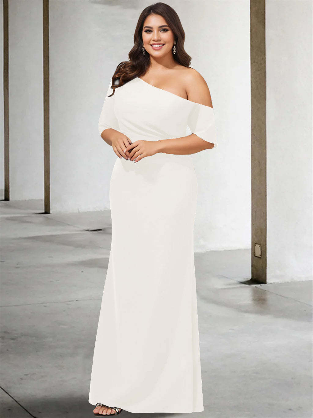 Princess A-Line Floor-Length Mother of the Bride Dress with One Shoulder and 3/4 Sleeves in Pure Color-BMbridal.UK