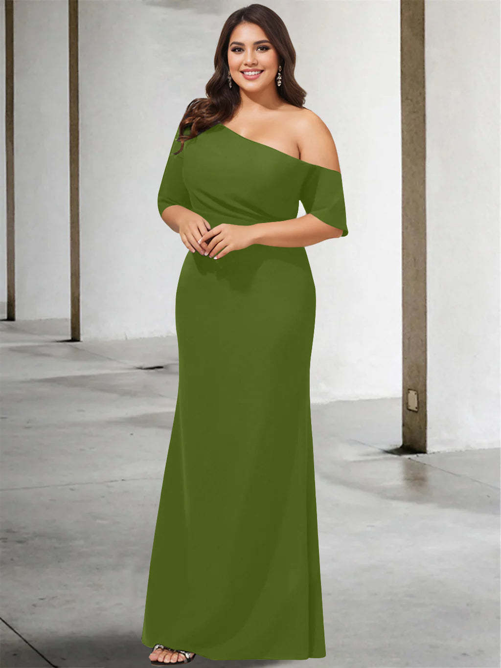 Princess A-Line Floor-Length Mother of the Bride Dress with One Shoulder and 3/4 Sleeves in Pure Color-BMbridal.UK