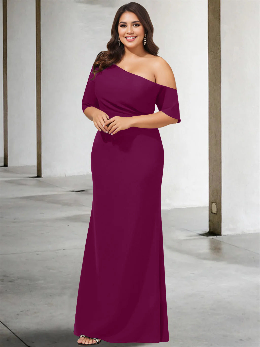 Princess A-Line Floor-Length Mother of the Bride Dress with One Shoulder and 3/4 Sleeves in Pure Color-BMbridal.UK