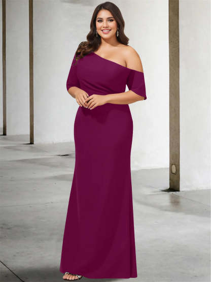 Princess A-Line Floor-Length Mother of the Bride Dress with One Shoulder and 3/4 Sleeves in Pure Color-BMbridal.UK