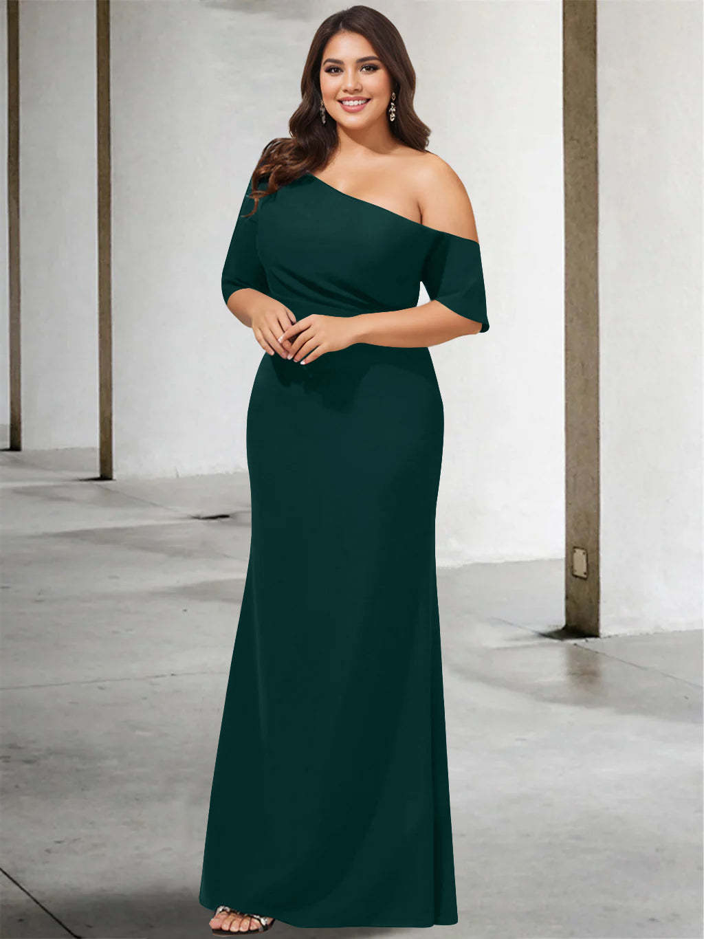 Princess A-Line Floor-Length Mother of the Bride Dress with One Shoulder and 3/4 Sleeves in Pure Color-BMbridal.UK