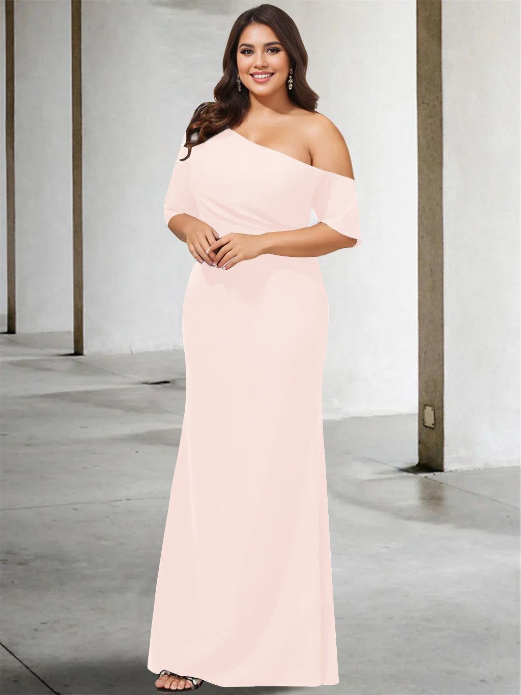 Princess A-Line Floor-Length Mother of the Bride Dress with One Shoulder and 3/4 Sleeves in Pure Color-BMbridal.UK