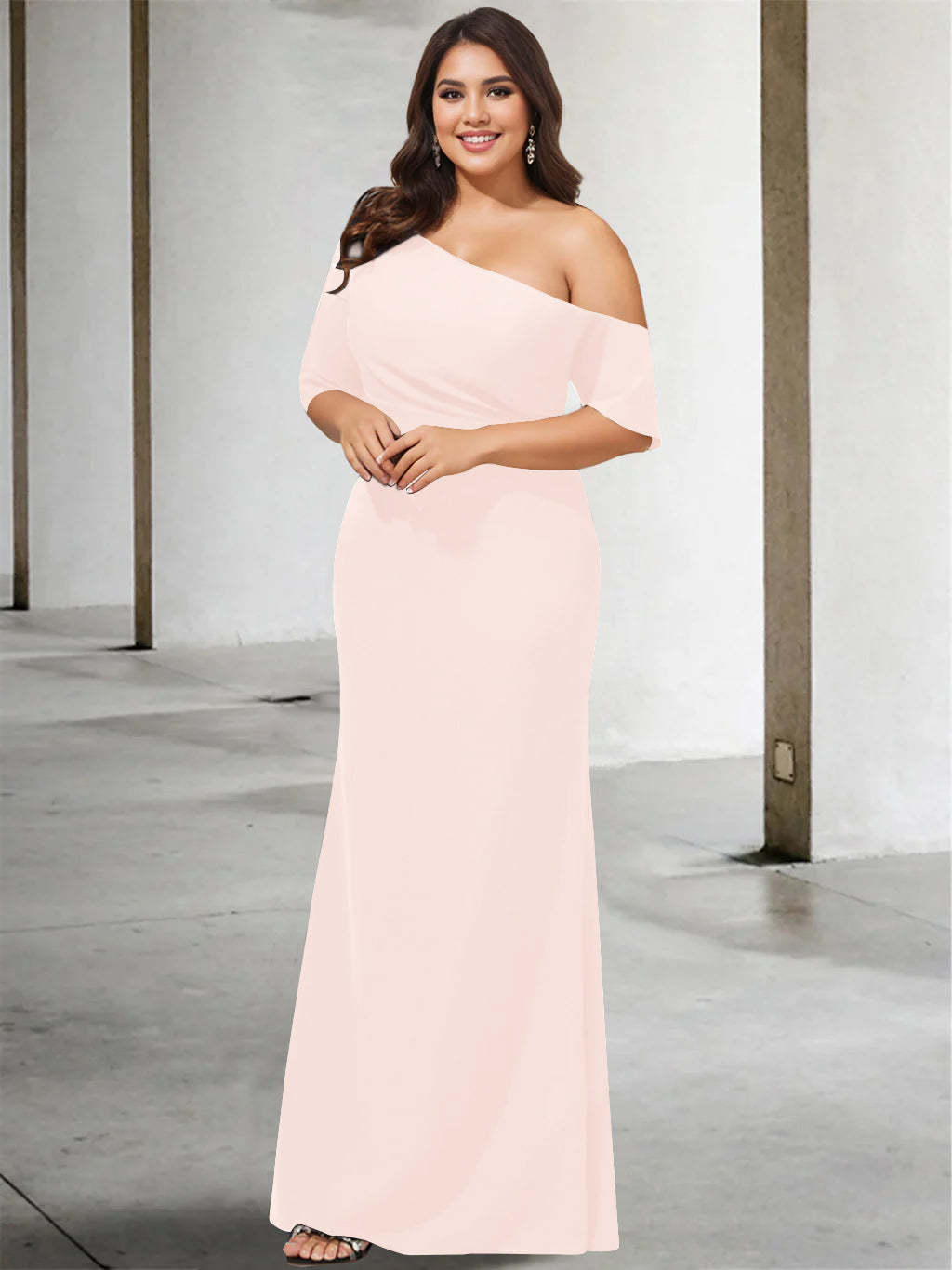 Princess A-Line Floor-Length Mother of the Bride Dress with One Shoulder and 3/4 Sleeves in Pure Color-BMbridal.UK