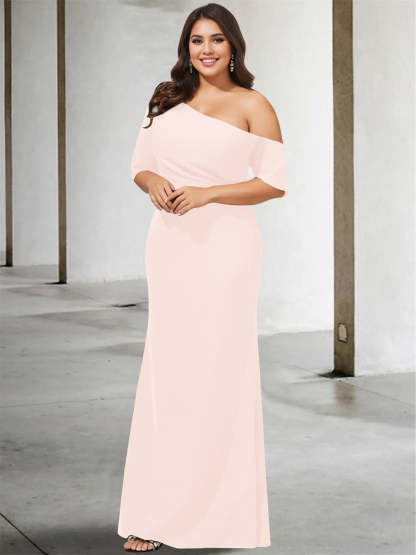 Princess A-Line Floor-Length Mother of the Bride Dress with One Shoulder and 3/4 Sleeves in Pure Color-BMbridal.UK