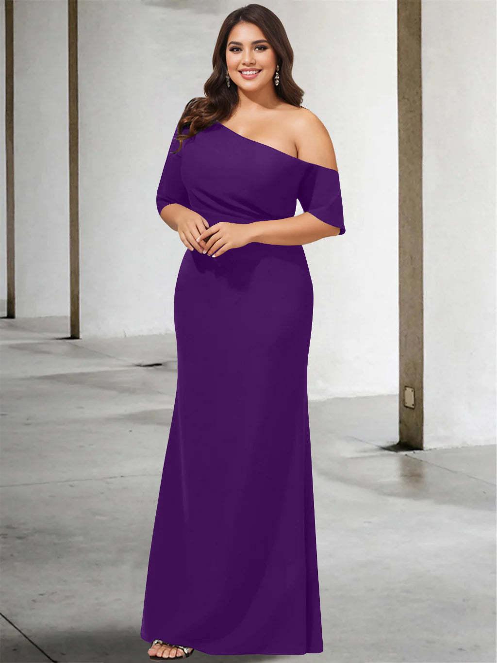 Princess A-Line Floor-Length Mother of the Bride Dress with One Shoulder and 3/4 Sleeves in Pure Color-BMbridal.UK