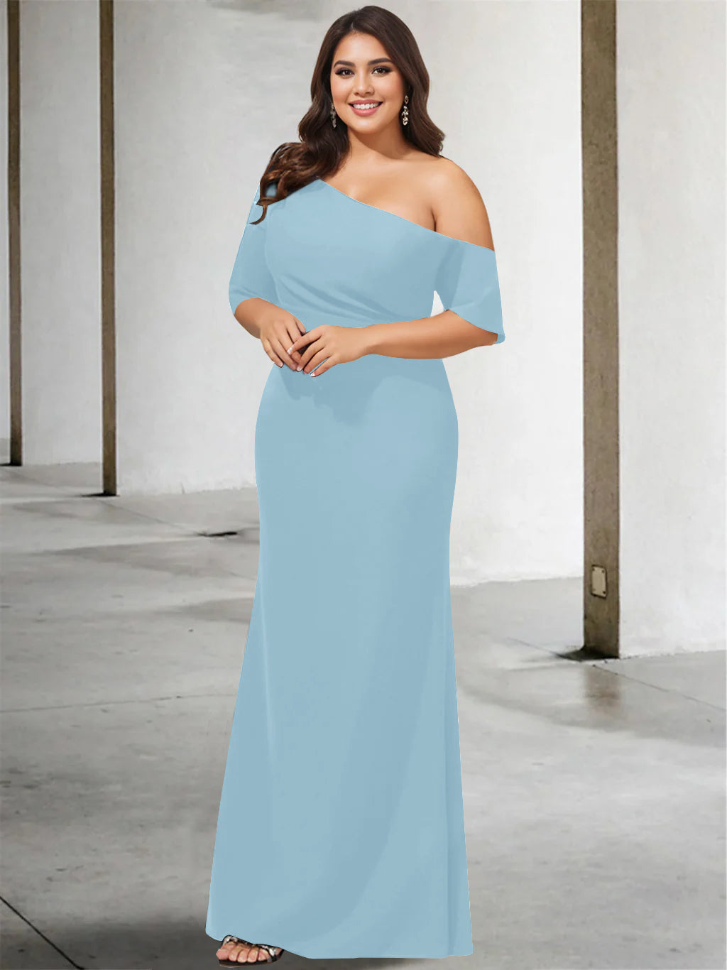 Princess A-Line Floor-Length Mother of the Bride Dress with One Shoulder and 3/4 Sleeves in Pure Color-BMbridal.UK